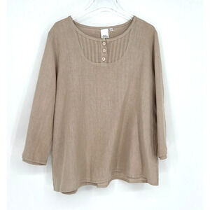 Linen Blouse Women's L Long Sleeve Brown Henley Lagenlook Core Basic Lightweight